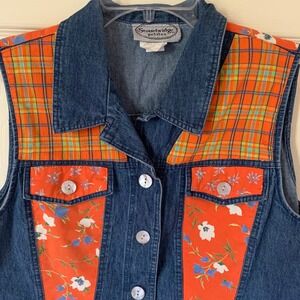 Womens Large Denim Vest Vintage 90s Fall Patchwork Plaid Floral Stonebridge PL